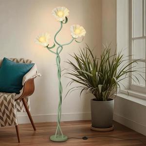 Vintage 3 Heads Flower Floor Lamp for Living Room,3 Color Modes LED Modern Corner Standing Lamp with Goosenecks, Bright Tall Cute Dimmable Lamp for Kids Reading Girls' Bedroom Office Home Decor(Green)