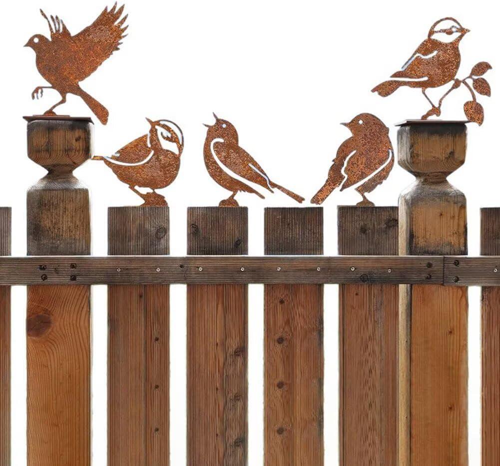 5PCS Rusty Metal Birds Decoration Bird Silhouette Statues Rusty Metal Yard Art Rustic Garden Outdoor Decor C