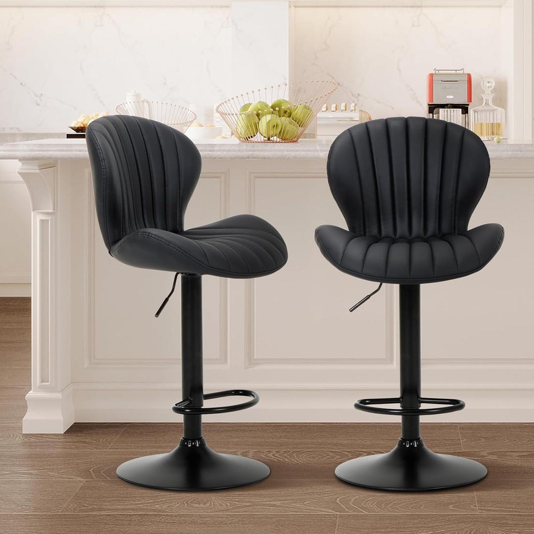 COLAMY Bar Stools Set of 2, Adjustable Modern Swivel Bar Chairs, Faux Leather Upholstered Barstools Counter Height with High Backrest for Bar, Kitchen Island, Dining Room, Black