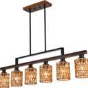 VINLUZ 6 Light Kitchen Island Lighting,Metal Farmhouse Dining Room Chandelier Rustic Linear Pendant Lighting for Kitchen Island Dining Living Room,Black Metal & Wood