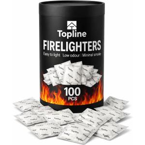 Topline 100 Fire Starters for Fireplace, Wood Stove, Charcoal BBQ & Campfire Waterproof Odorless Fire Starter Sachets, Quick-Light Indoor & Outdoor Firestarter Pouches in Storage Tube