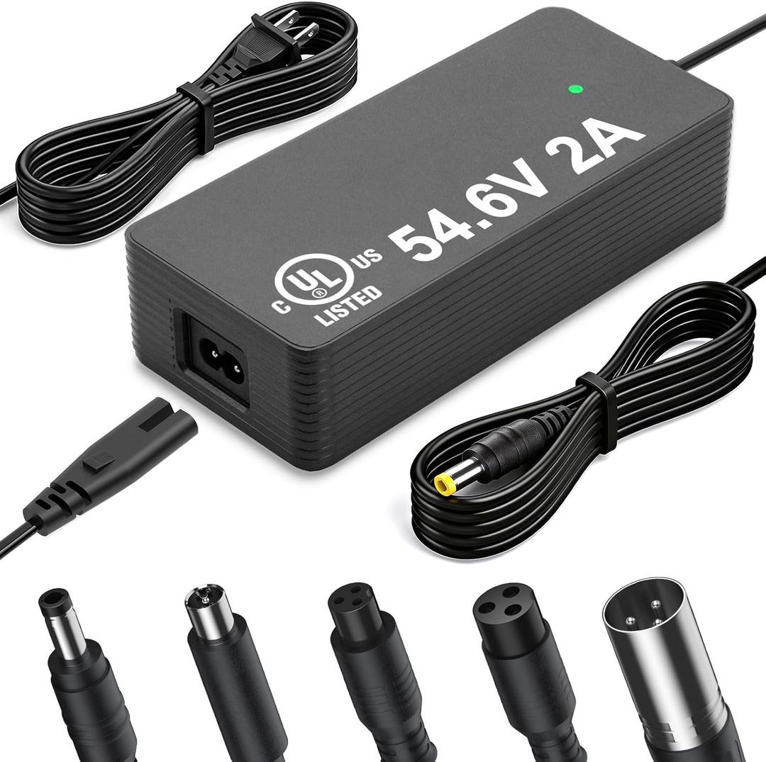54.6V 2A Electric Bike Charger for 48V Lithium Battery (UL Certified), Input 110-240V, with 6 Jack Connectors (DC2.1MM / DC2.5MM / RCA 8MM / 3-P 8MM / 3-P 12MM/ 3-P XLR) (48V Ebike Battery Only)