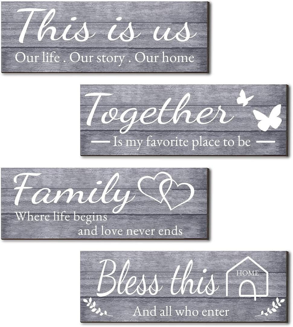 Joyhawk 4 Pieces Wall Decor Signs, THIS IS US, TOGETHER, BLESS THIS HOME, FAMILY Rustic Wooden Farmhouse Wall Art Dcor For Living Room Bedroom Kitchen, , 4.7 x 13.8 Inch(Grey)