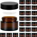 1 oz Reusable Amber Glass Container Jars 24 Pack with Wide-mouth Leak Proof Cap and Inner Pull-On Lid for Travel Storage Makeup, Face Creams, Body Lotions, DIY Crafts or Others