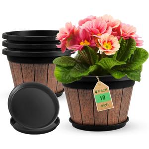 Quarut 4 Pack 10 inch Plant Pots,Upgrade Whiskey Barrel Planters with Drainage Holes & Saucer,Plastic Decoration Flower Pots Retro Design,Planters for Outdoor Indoor Garden Home Plants (Brown)