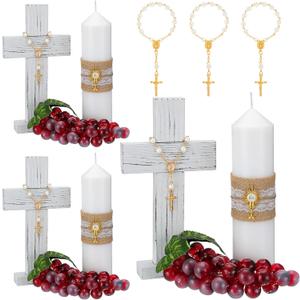 Amyhill 3 Sets Cross Table Decor Baptism Centerpieces Sets Confirmation Candle Standing Cross with Jhs Candles First Communion Table Decor for Wedding Baby Shower Christening Church