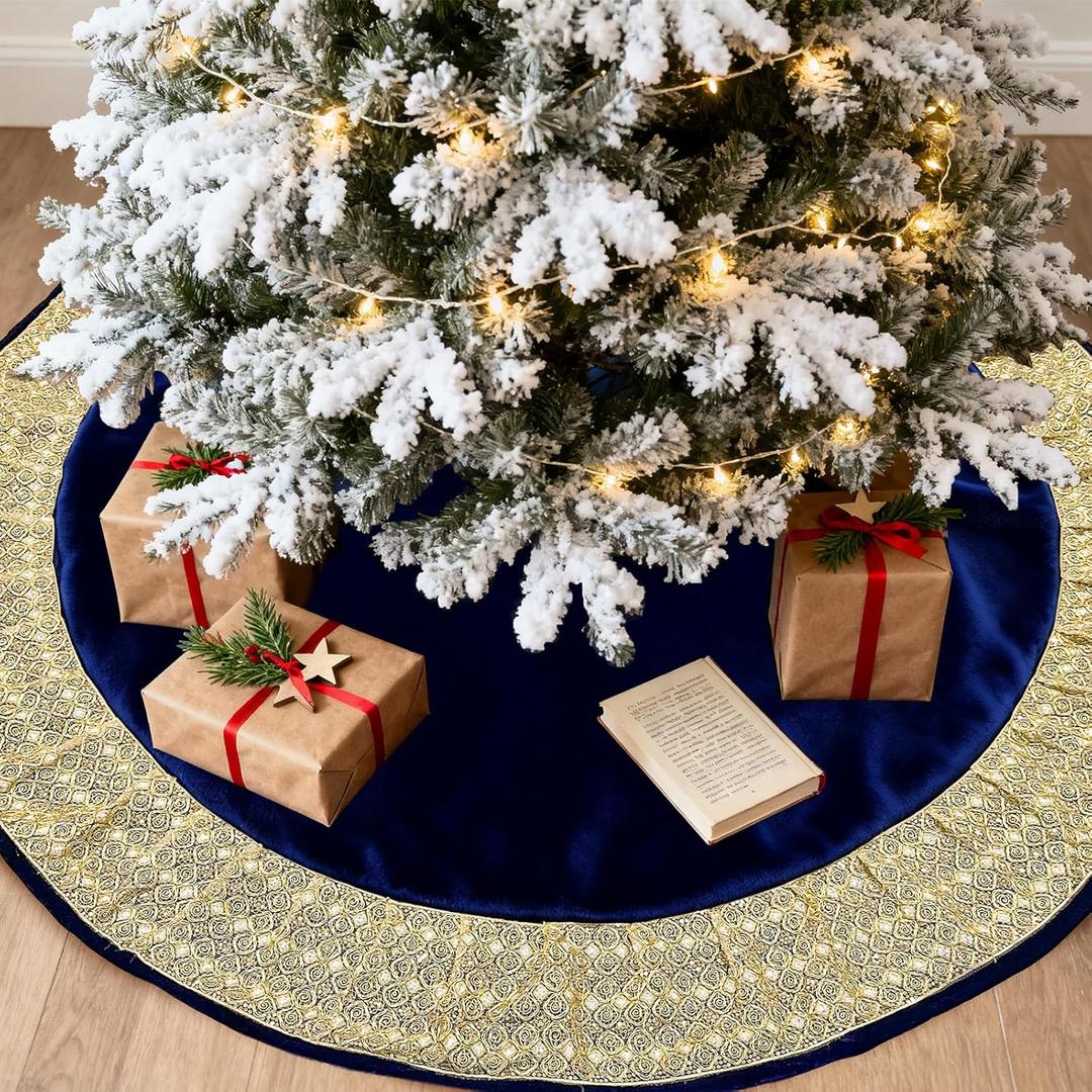 Blue Christmas Tree Skirt 60 inches, Large Velvet Tree Skirt for 7.5 ft & 9 ft Tree, Vintage Luxury Xmas Tree Skirts with Gold Glitter Trim Rustic Christmas Tree Holiday Party Decorations