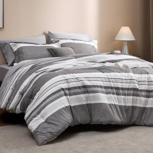 Bedsure Full Comforter Set 7 Pieces, Frost Grey Striped Bedding Set for All Seasons, Reversible, Cationic Dyeing Bed in a Bag with Comforter, Sheets, Pillowcases & Shams