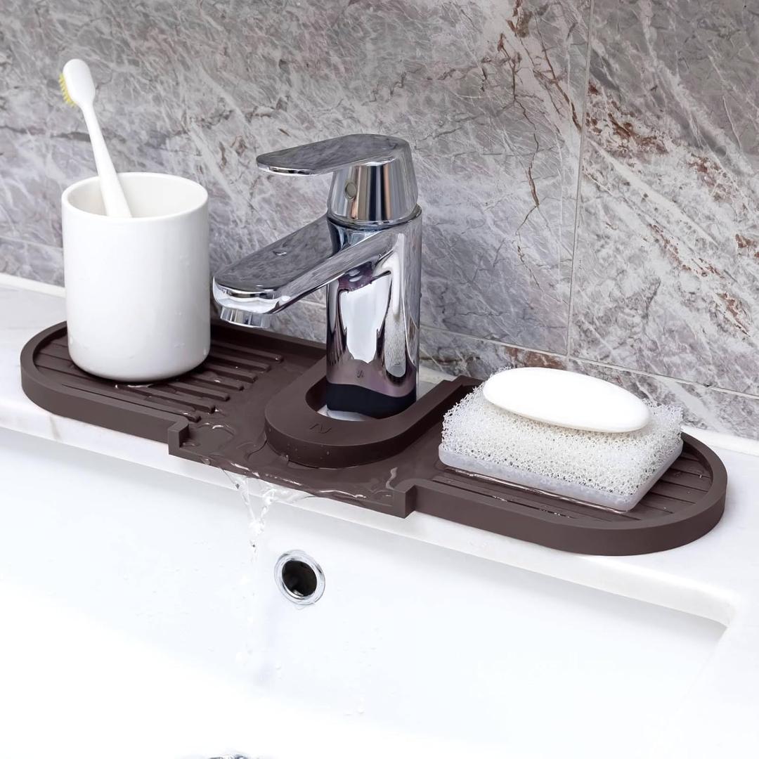 Sink Faucet Mat Splash Guard, Premium Platinum Silicone Faucet Draining Mat for Kitchen Sink, Adjustable Faucet Protector Water Drip Catcher Tray for Kitchen and Bathroom Sink (16''x5'') (Plum Wine)
