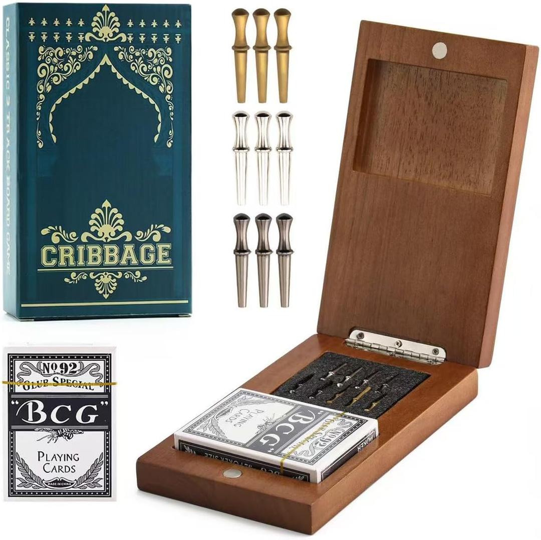 Wooden Cribbage Board Game Set, Travel Cribbage Board with Storage and Collapsible, with Magnetic Lock / 9 Metal Pegs/Full Deck of Cards, Family Board Games for Adults