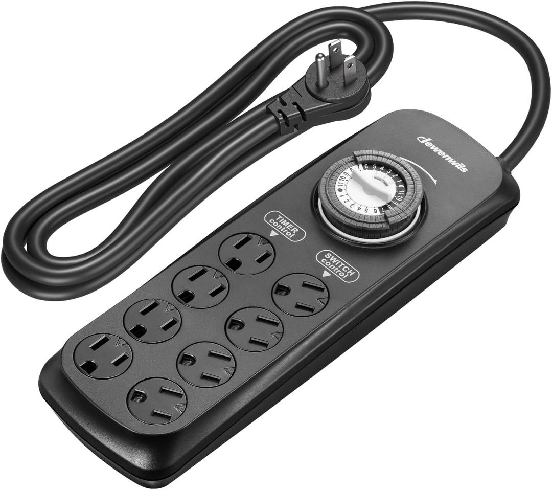DEWENWILS Mechanical Timer Power Strip with 8 Outlets, 6FT Power Cord & Flat Plug, Overload Protection Mechanical Timer, Outlet Timer Indoor for Tanks, Aquarium, Grow Lights, Reptile Light, UL Listed (Black)