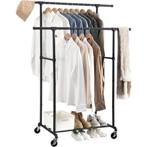Heavy Duty Clothes Rack, Rolling Clothing Rack, Garment Rack with Wheels, Double Rod, Max 400Lbs, Black