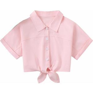 Hilinker Girls Button Down Short Sleeve Shirt Cute Summer Cotton Crop Tops Tie Front Blouse Pink 7-8 Years (Pink)