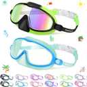 Vvinca 2 Pcs Kids-Swim-Goggles with Nose Cover, Swimming Diving Mask Wide View Anti Fog UV Anti Shattered Lens for Kids 3-5 (01-mirrored Black Green & Light Blue)