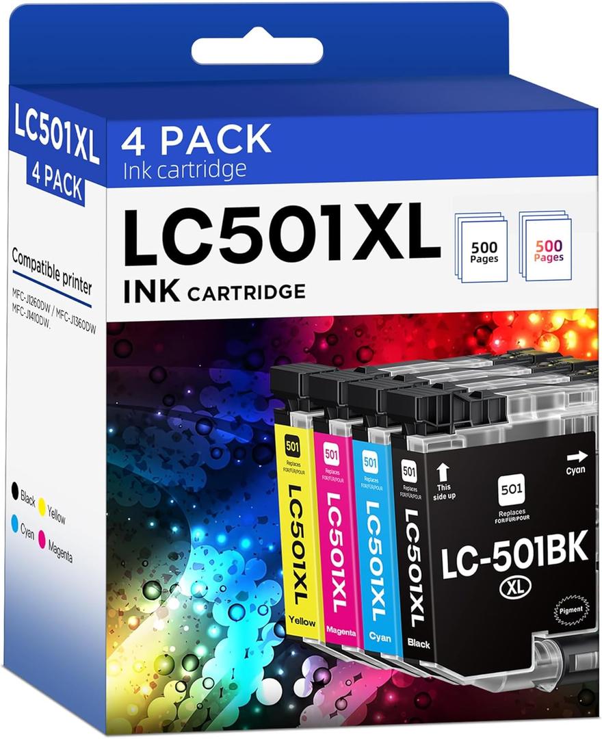 LC501XL Ink Cartridges High Yield Compatible Replacement for Brother LC501XL LC501 XL LC501 Ink Cartridges use with MFC-J1260DW MFC-J1360DW MFC-J1410DW Printer (Black, Cyan, Magenta, Yellow, 4 Pack)