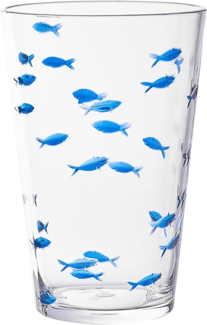 KLIFA- CHARLESTON- 19 oz, Set of 6, Acrylic Fishing Highball, School of Fish Drinking Glasses, BPA-Free, Stackable Plastic Drinkware, Dishwasher Safe Cups, Clear with Dark Blue Printing