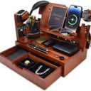 Nightstand Organizer for Men with Large Drawer, Wood Phone Docking Station for Phone, Apple Watch, Wallet & Keys, Ideal Birthday Gift for Father Husband, Bedside Desk Organizer (Walnut)