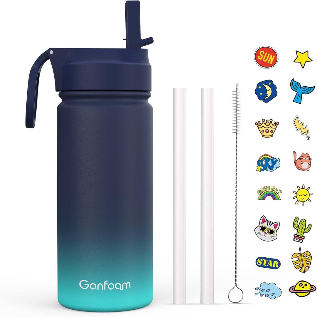 Kids Water Bottle, 16oz Water Bottles Kids with Straw and Stickers, Stainless Steel Vacuum Double Wall Insulated cup, Kids Water Bottle for School, Gifts for Boys(Navy blue)