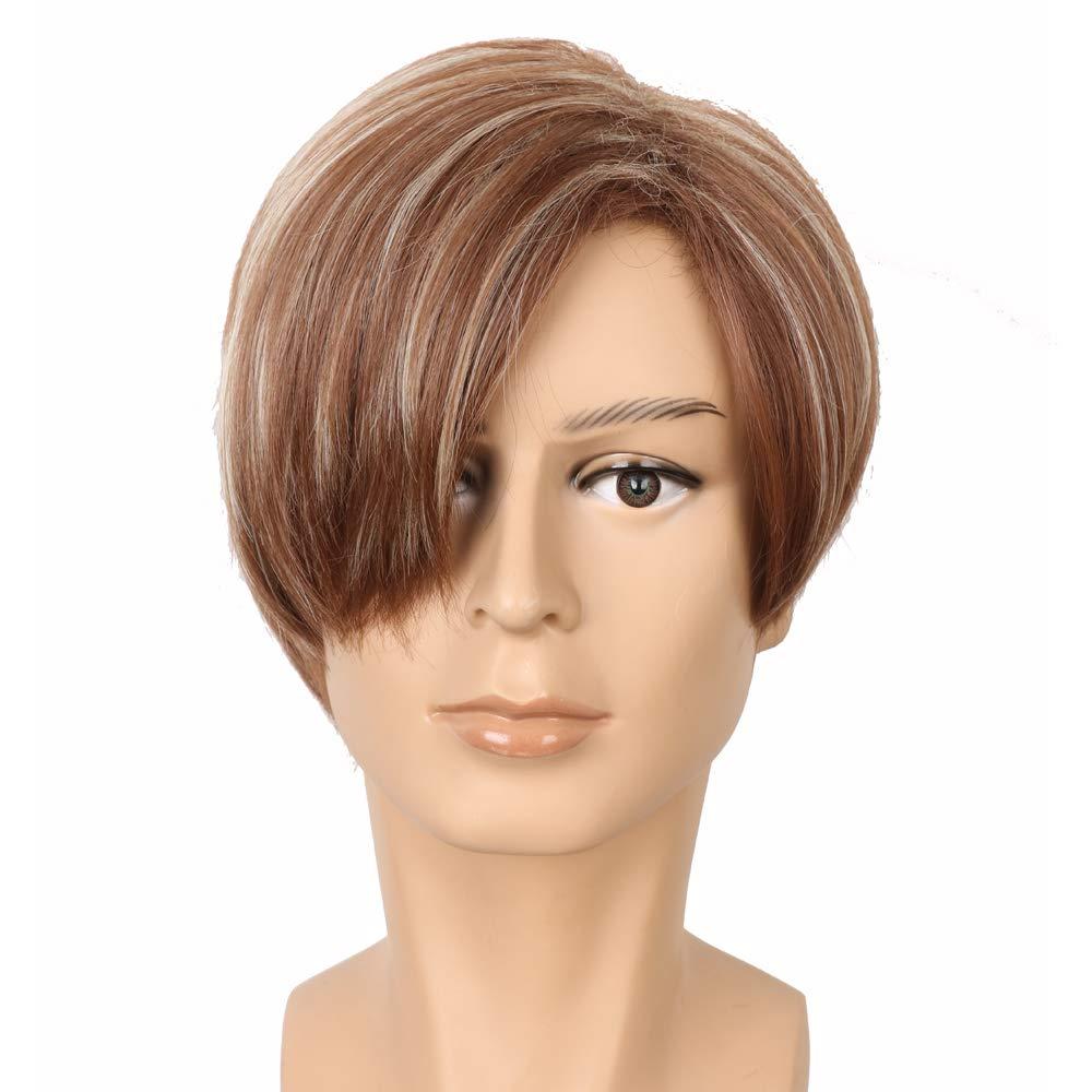 yuehong Adult Short Straight Brown Men Wig Fashion Funny Costume Hair Heat Resistant Synthetic Fibers Soft Durable Breathable Wig
