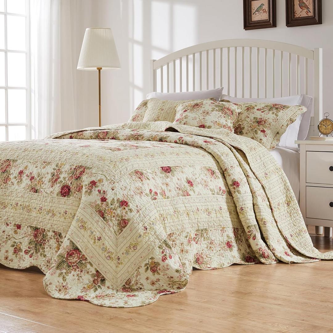 Greenland Home Antique Rose Jumbo Size 100% Cotton Bedding Set, Bedspread 110 W x 118 L with 2 Shams 20 W x 26 L Each, Queen (3 Piece), Ecru