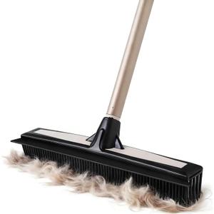 Eyliden Rubber Carpet Rake for Pet Hair, 2-in-1 Push Broom with Squeegee, 54" Telescopic Handle, Fur Water Remover Brush for Carpet, Rug, Hardwood, Tile Floors