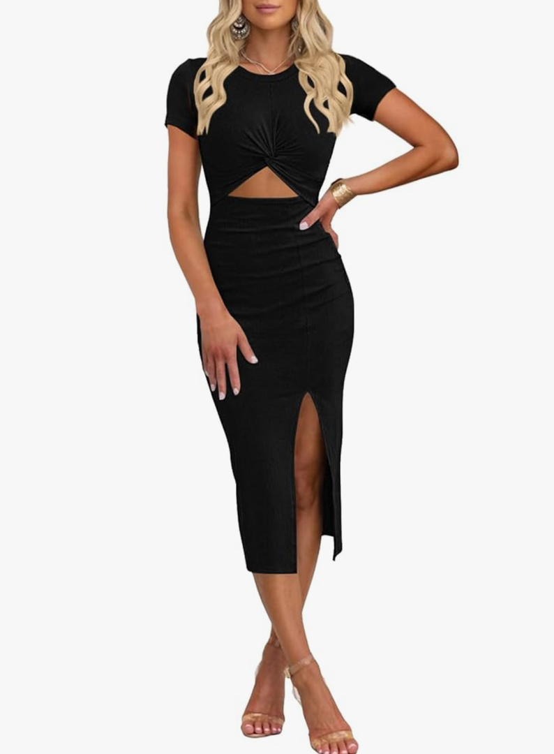 oten Women's Summer Short Sleeve Cutout Twist Front Side Slit Ribbed Knit Party Club Bodycon Midi Dresses, XS, Black