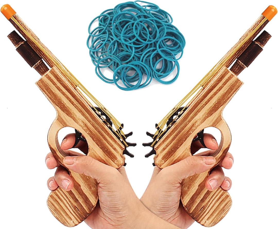 2 Pcs Wooden Rubber Band Gun Quality Wood & Handmade Kids Outdoor Toy 9 Inches Length