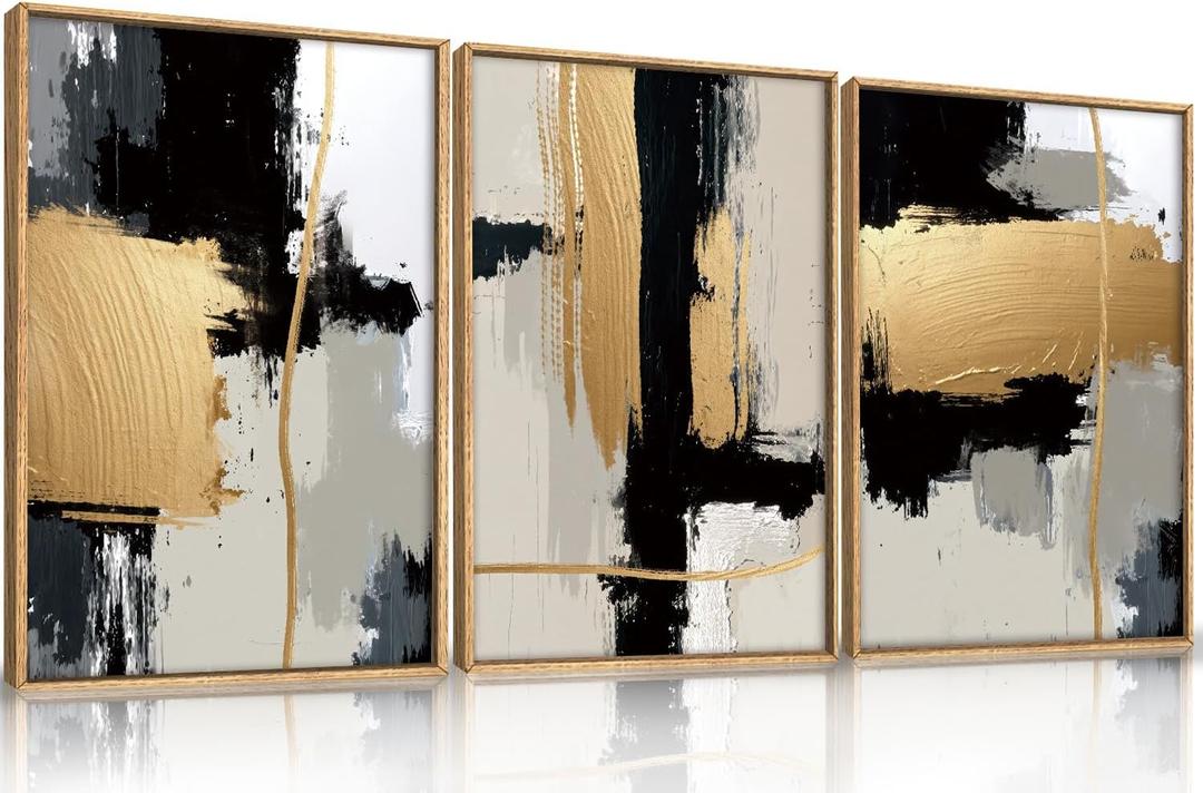 Abstract Black Gold Framed Canvas Wall Art Set, Modern Minimalist Black White Wall Decor, Neutral Color Block Line Art Print for Living Room,  Bedroom, Dining Room,Office-24 x36 x3
