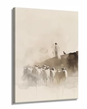 Jesus leaving 99 sheep Canvas Wall Art Jesus and Lamb Wall Decor Picture Good Shepherd Poster Print Bible Story Painting Artwork for Bedroom Home Room Decoration Prepare To Hang 16x24in 
