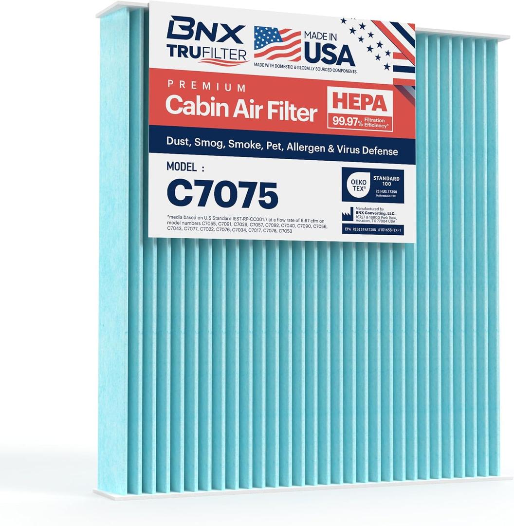 BNX TruFilter C7075 Cabin Air Filter, HEPA 99.97%, MADE IN USA, Compatible With Honda Fit, Scion FR-S; Subaru: BRZ; Toyota: 86