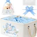 Pickmesh Baby Shower Storage Basket with Gift Bags Rectangular Ribbons Collapsible Canvas Storage Bin with Handles for Diaper Organizing Toy Home DIY Gift Basket, 13 x 9. 1 x 7. 1 Inch(Blue Elephant)