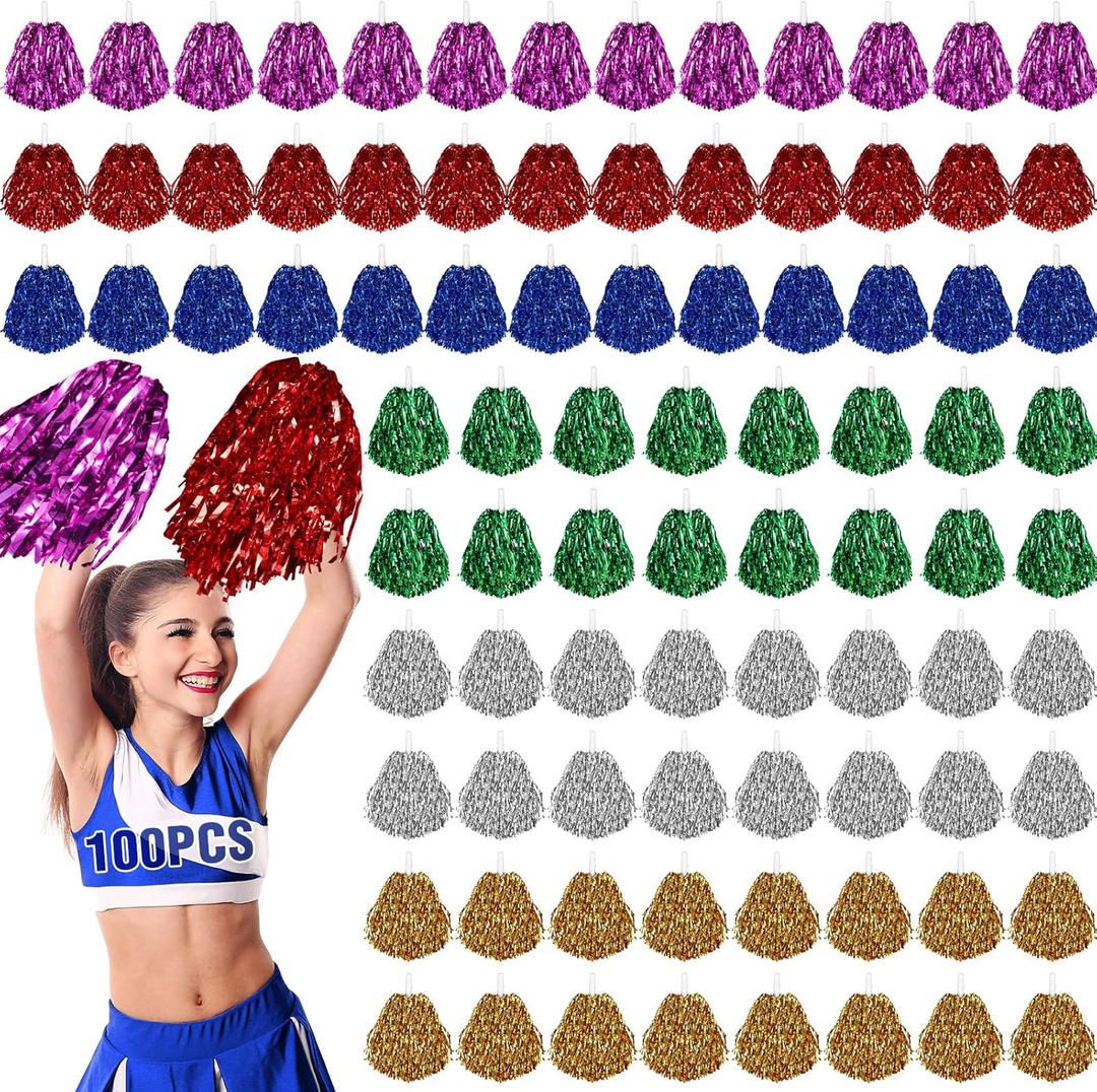 100 Pcs Cheerleading Pom Poms Metallic Foil Cheer Pompoms with Plastic Handle Cheerleader Pompoms Spirit Fun for Cheer Squad Dancing Party Performance Game Ball Sports Team