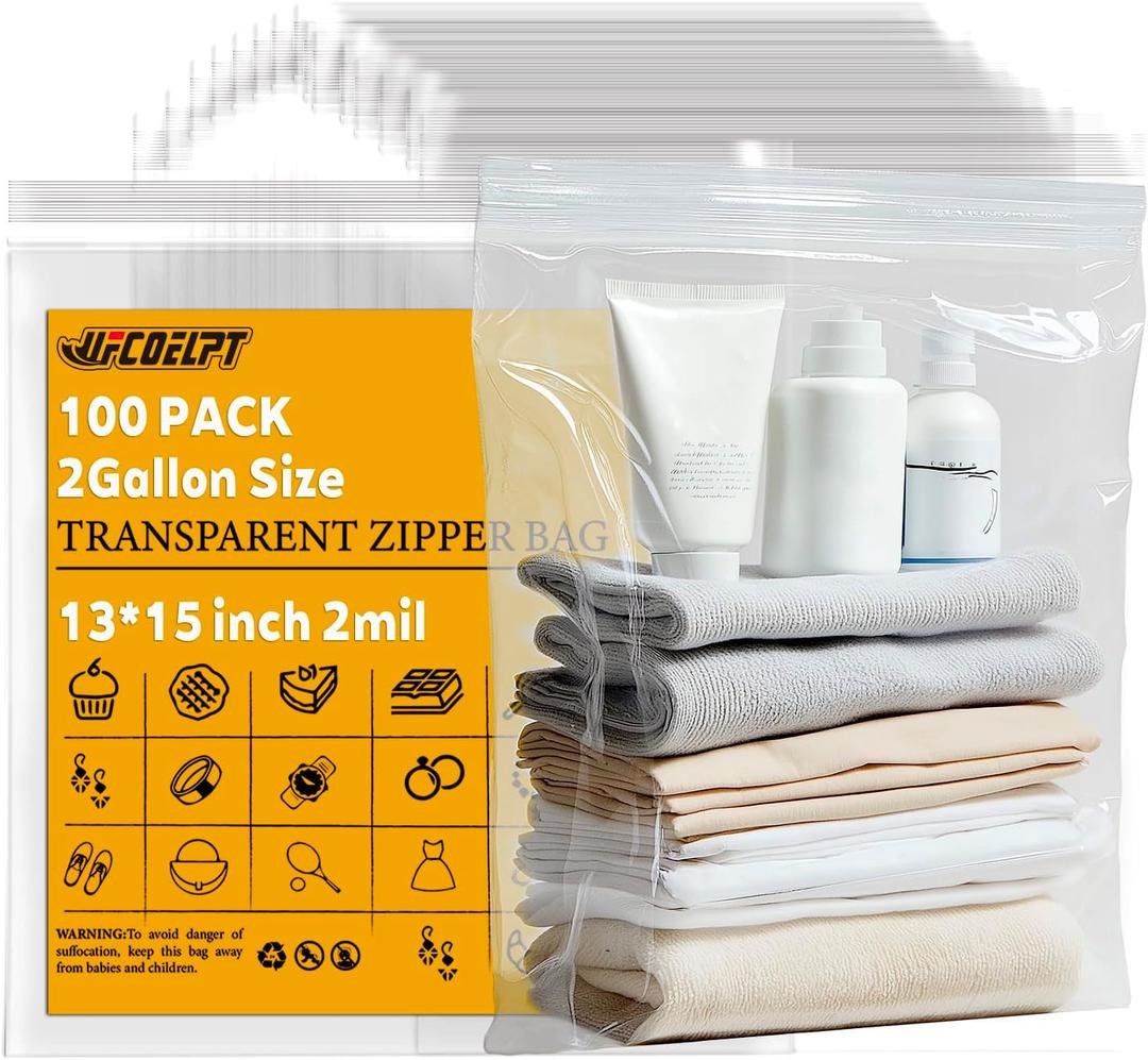 100 Count 2 Gallon Zip Storage Bags 13"15", Reclosable Food Grade 2mil Plastic Zipper Bags for Storage, Packing and Shipping