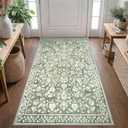 Vintage 3x5 Washable Rug for Entryway, Super Soft Sage Green Beige Entryway Rug Non-Slip, Printed Faux Wool Floral 3x5 Area Rug Thin Floor Carpet for Kitchen, Bedroom, Office, Living Room