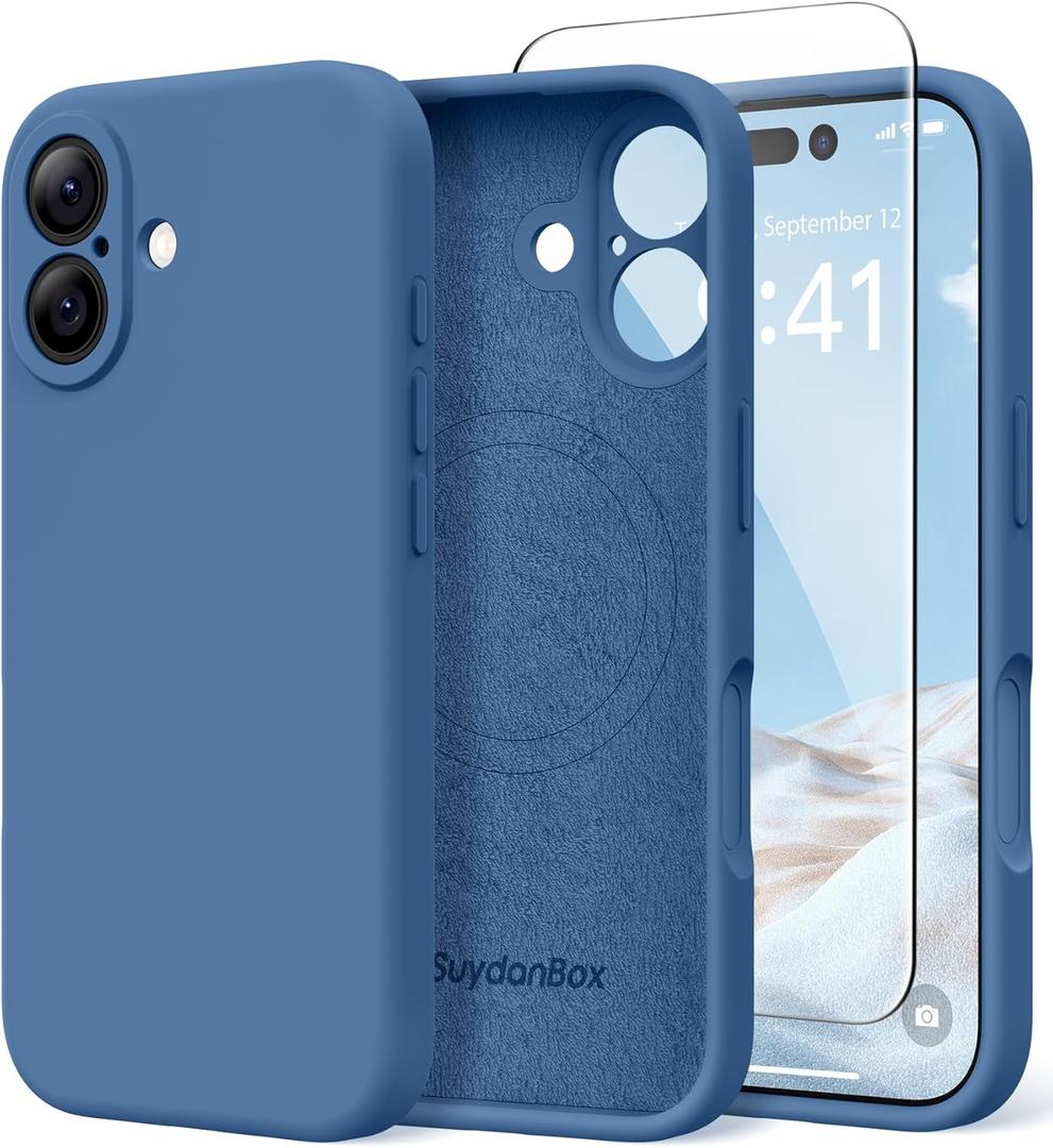 Magnetic for iPhone 16 Case, Compatible with MagSafe, [Screen Protector + Full Camera Protection], Silicone Shockproof Anti-Scratch Protective Phone Case for iPhone 16 6.1", Lake Blue
