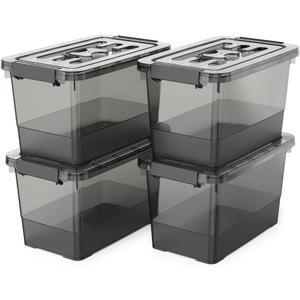 4 Pack 7 Quart Clear Black Storage Bins with Latching Lids, Stackable Plastic Storage Containers for Closet, Pantry & Garage Organization