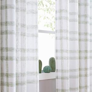 White Green Geometric Window Curtain Panel Pairs 54 Inch Long for Living Room Linen Blend Semi Sheers Grommets Top Rustic Farmhouse Style Window Treatment Drape Sets for Bedroom 54"x54"x2, Sage/White (54"W x 54"L (Pack of 2))