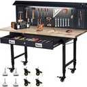 KOKEBREN 60'' Adjustable Workbench, Heavy Duty Workbench with Drawer and Backplate, 2000 LBS Capacity Work Table with Power Outlet and Lockable Wheels, Suitable for Office, Garage, Workshop