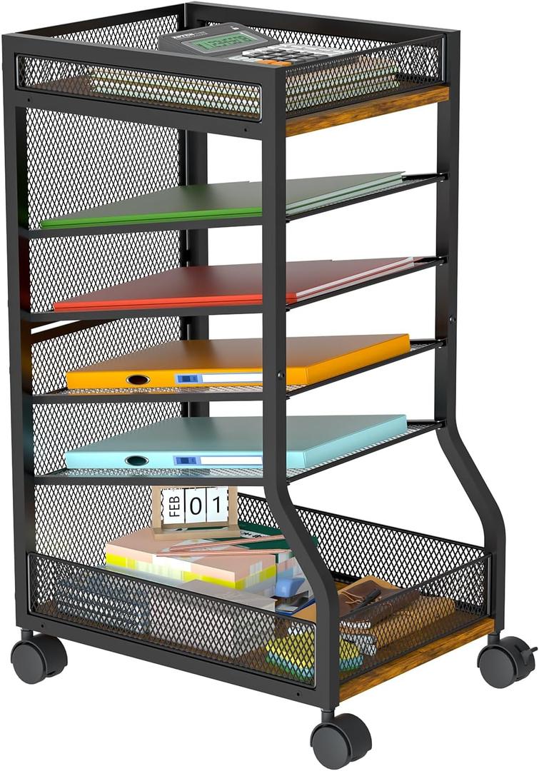 keomaisyto 6-Tier Standing File Organizer for Office Organization, Under Desk File Holder with Sliding Mesh Paper Letter Trays, Slim Rolling File Cart with Wheels for Home/Office/Study