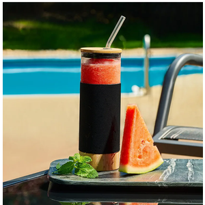 Premium 20oz Glass Water Bottle with Straw and Bamboo Lid & Base + Protective Silicone Sleeve - BPA Free - Growler Tumbler Cup Reusable Drinking Glasses Cup for Iced Tea, Coffee, Smoothie - Black