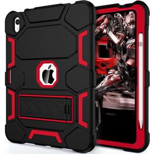 CCMAO Case for iPad (A16) 11th/10th Generation(2025/2022), iPad 10th Case with Kickstand & Pencil Holder, Heavy Duty Shockproof Hybrid Three Layer Protective Cover for Girls Women, Black+Red