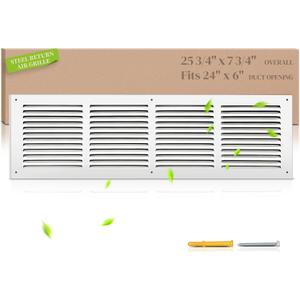 24"W x 6"H Return Air Grille [Duct Opening Size], Steel HVAC Return Air Vent Cover for Wall & Ceiling, White Powder-Coated Rust-Resistant AC Cold Air Return, Outer Dimensions 25.75"W x 7.75"H