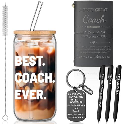 Reallnaive 6 Pcs Christmas Coach Gifts Bulk Set - Thank You Appreciation Gifts for Men Women Basketball Football Soccer Baseball Coach with Glass Cup, Leather Notebook, Pens, Keychain(Black)