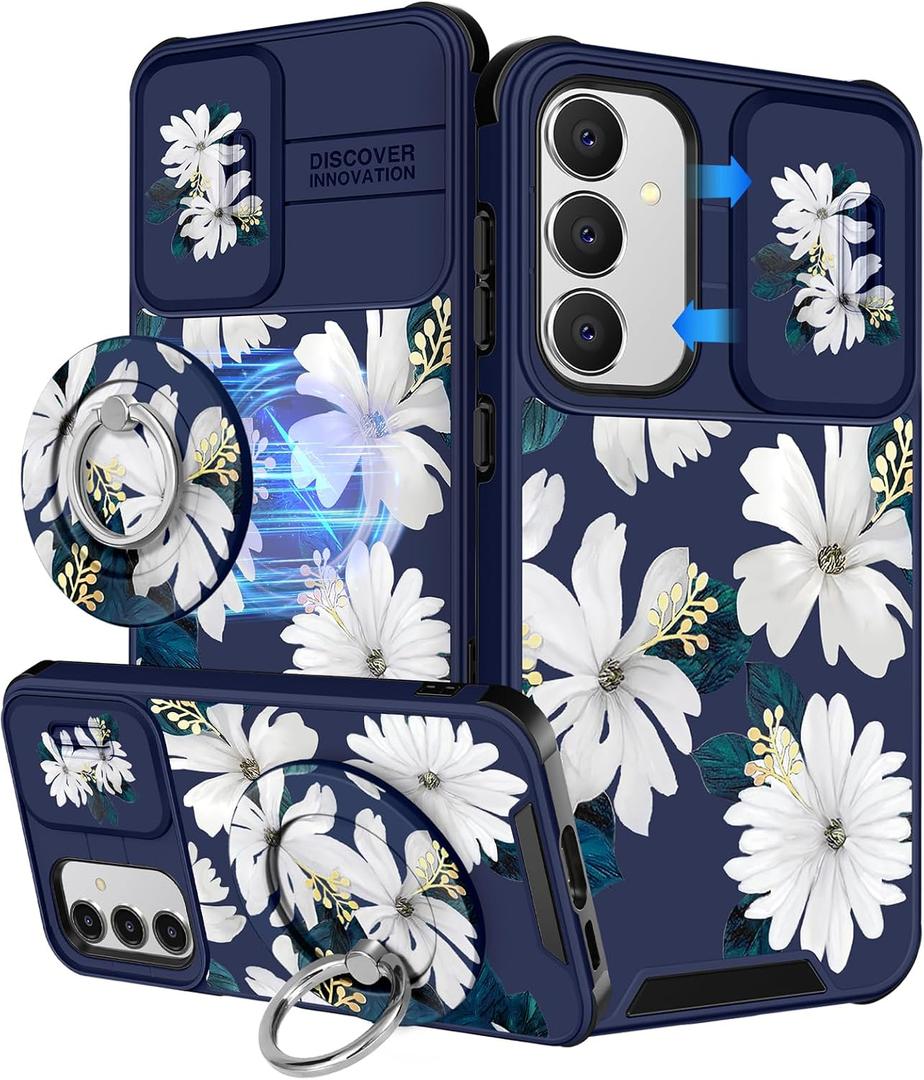 Buleens for Samsung Galaxy S24 FE Case - with Ring Stand & Camera Cover Aesthetic Cute Designed S24FE Case Women Girls Girly White Floral Flowers for Samsung S24 FE Phone Case Compatible with Magsafe