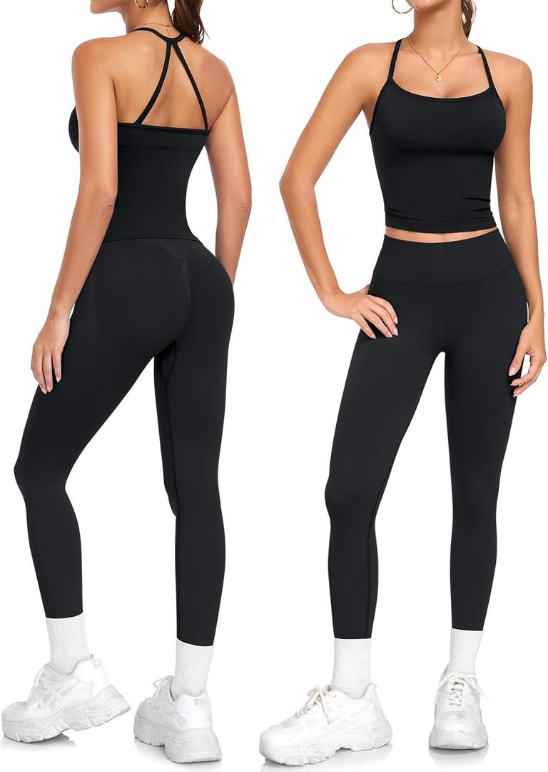 2 Piece Workout Sets for Women Halter Neck Cross Back Tank Top Macthing High Waist Leggings Sets Gym Outfits (Small, Black)