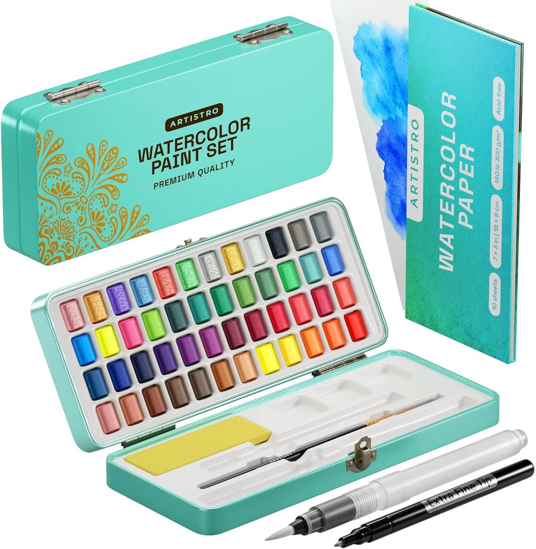ARTISTRO Watercolor Paint Set, Vivid Colors in Portable Box, Palette set, Including Metallic and Fluorescent Colors. Perfect Travel Watercolor Set for Artists, Amateur Hobbyists and Painting