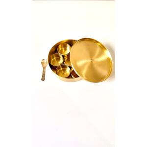 Brass Masala Dabba Spice Container Set, Gold, Traditional Indian Style, Round Storage Box with Lid, 5 Inner Bowls, Serving Spoon
