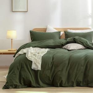 BESTOUCH Duvet Cover Set 100% Washed Cotton Linen Feel Super Soft Comfortable Chic Lightweight 3 PCs Home Bedding Set Olive Green Queen
