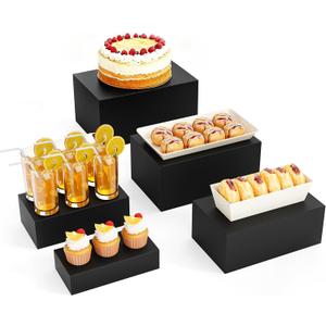 5 Pcs Metal Display Stands for Buffet Table Cake Risers, Cupcake Rectangle Stand for Wedding, Party, Catering Supplies, Elegant Food Risers for Display with 5Pcs Hollow Bottoms Sturdy Modern (Black, 2 IN to 12 IN)