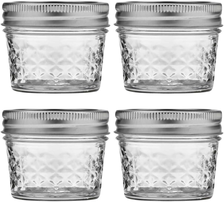 Ball Wide Mouth Quilted Crystal Jelly Jars with Lids and Bands, Used for Canning, Pickling, Juice, Jam, Jelly, Quarter Pint Size (4 Ounce (Pack of 4))